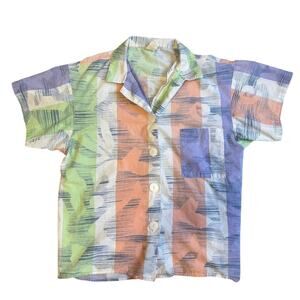 Vintage 1970s Jantzen Button‑Up Shirt 🌈 Retro Pastel Brushstroke Print🌼 Size L
